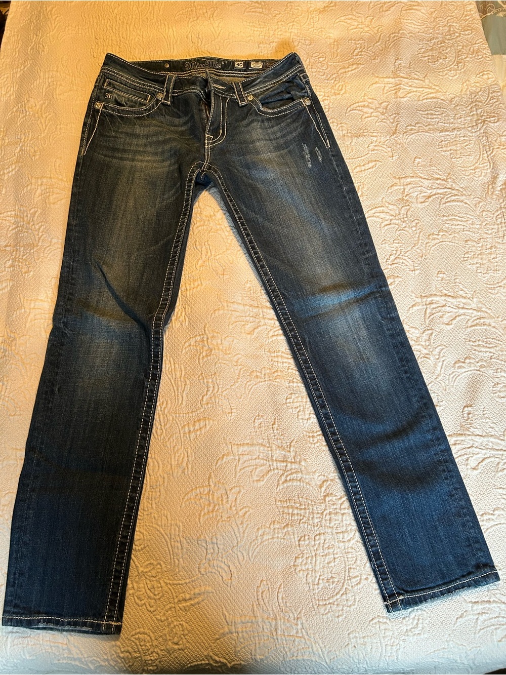 Miss Me Dark Blue Straight Leg Jeans with Contrast Stitching